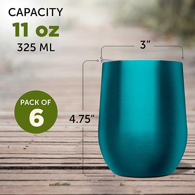 DISCOUNT PROMOS Stemless Wine Glass Tumblers with Lids by Largo 11 oz. Set of 6, Bulk Pack - Perfect for Wine, Cocktails, Other Hot & Cold Beverages - Teal