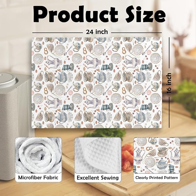 Vintage Teacups Kitchen Dish Towels, Retro French Garden Tea Lover Gifts for Women Men, Coffee Cups Teapots Kitchen Decor, Tea Time Hand Towels Kitchen Bathroom Tea Towels Decorations, 16x24inch