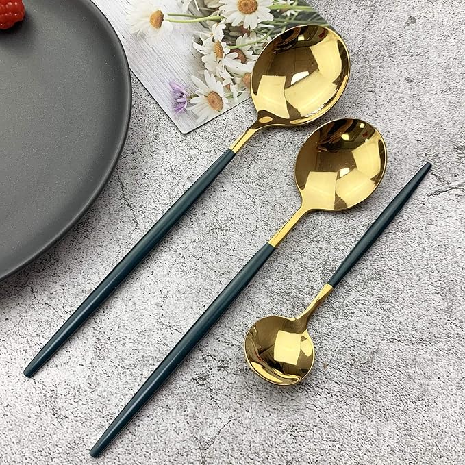 JASHII 18/10 Silver Silverware Set Stainless Steel Flatware Utensils Set Gold Cutlery Set| 36-Piece Modern Cubiertos Dorados| BEST Birthday Wedding Gift (6 sets, Green Handle Gold Mirror Polish)