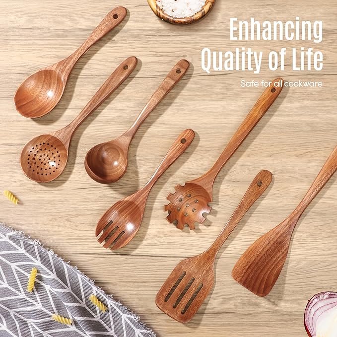 7 PCS Wooden Spoons for Cooking Natural Teak Kitchen Utensils Smooth Non-Stick Surface Cooking Utensils Set Soft Comfort-Grip Wooden Utensils for Cooking