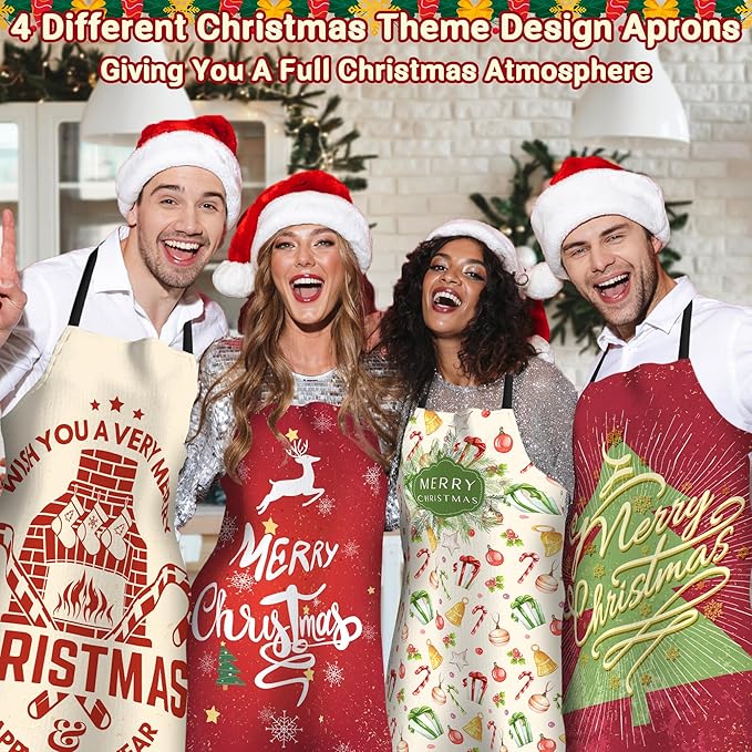 4 Pack Funny Christmas Kitchen Aprons for Women Men Adjustable Cooking Chef Aprons Waterproof Bib Aprons Cute Xmas Party Gift