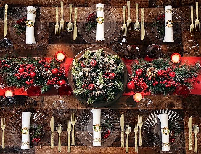 Perfect Settings 150 PCS Gold Plastic Silverware Set Heavy Duty Premium - Gold Plastic Cutlery Set Hammered Pebbled Finish - 50 Forks, 50 Knives, 50 Spoons Utensil Set