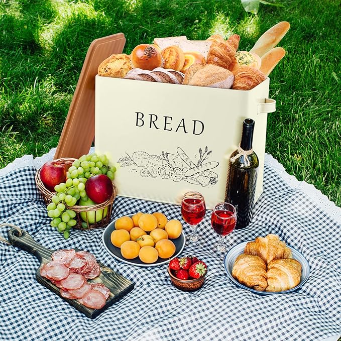 P&P CHEF Bread Box for Kitchen Counter, Metal Bread Storage Bin with Wooden Cutting Lid, Large Capacity for Holding 2+ Loaves, Retro Modern Style, Size 13” x 7.2” x 9.7”, Cream