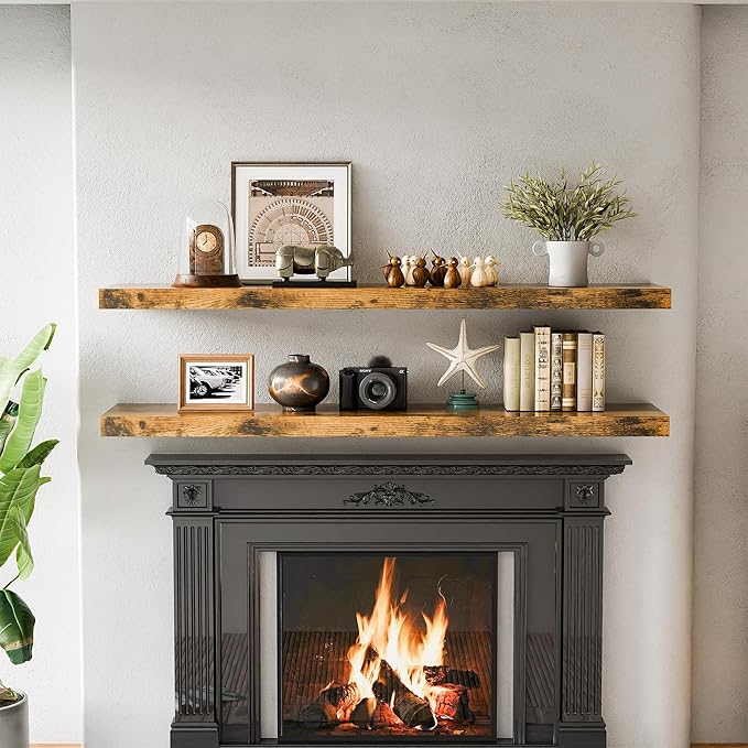 55 Inch Long Floating Shelves for Wall, Rustic Brown 12 in Deep Floating Shelves, Fireplace Mantel with Invisible Metal Bracket, Large Wall Mounted Shelves for Living Room, Bedroom, Set of 2