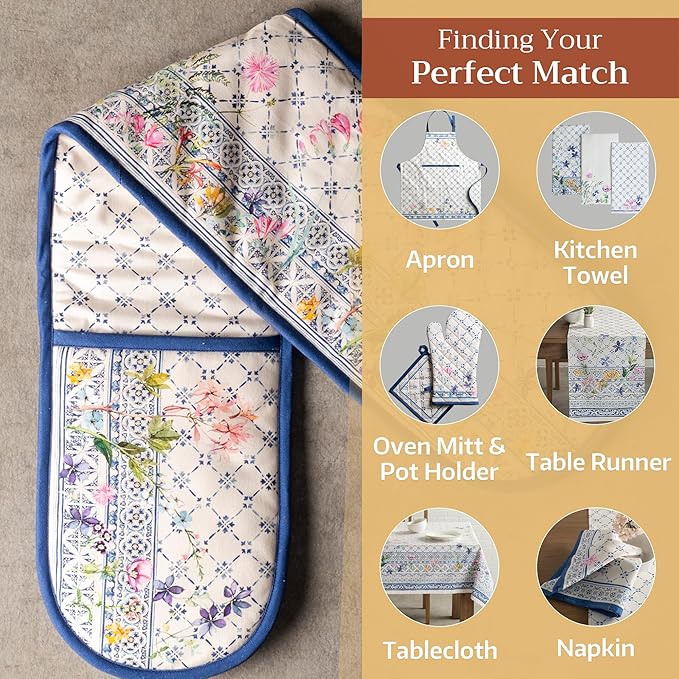 Maison d' Hermine Double Oven Mitts 100% Cotton 7"x35" Double Oven Mitt Heat Resistant BBQ Cooking Gloves with Loop, Baking, Grilling, Home, Kitchen, Handling Hot Pans Spring Summer (Faience)
