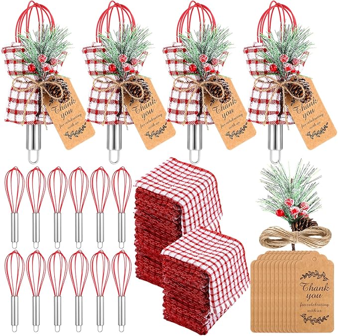 12 Sets Christmas Whisk Baking Supplies Gifts Sets Include Stainless Steel Whisk, Greeting Card, Snowfall Pine Branch, Plaid Towel, Rope for Xmas Neighbor Employee Stocking Stuffer Cooking (8 Inches)