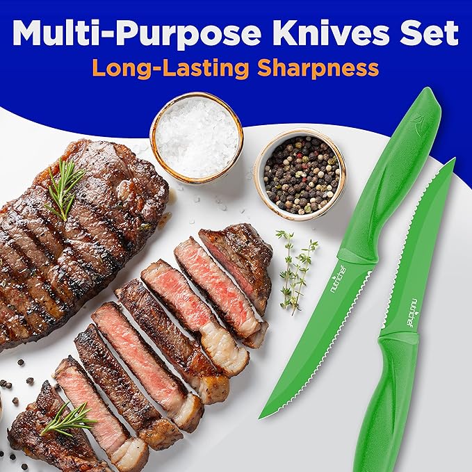 NutriChef SereneLife Stainless Steel Knife Set, 8 Pcs. - Non-Stick Coating, Sharp Serrated Blades, Professional Kitchen Set, Rust-Resistant, Dishwasher Safe, Ideal for BBQ & Grilling, Green