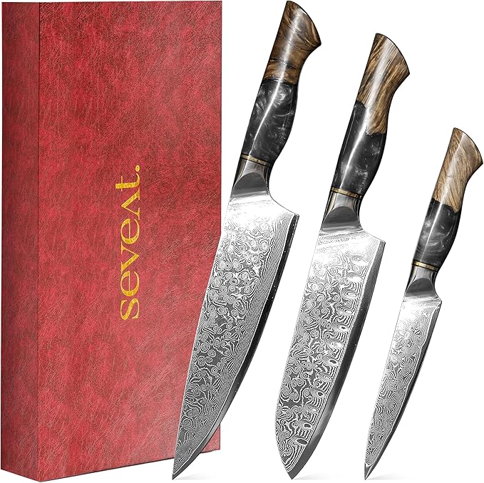 Damascus Kitchen Knife Set, 67-Layer Damascus Steel, 3-Piece Professional Set: 13” Chef, 12.3” Santoku & 9.8” Utility Knife, Ergonomic Wood & Resin Handle, Ideal for Gifting (Black, 3 pieces)
