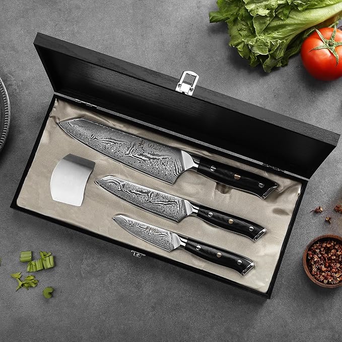 Wakoli Nitoko 3-Piece Kiritsuke Knife Set – Professional Damascus Kitchen Knives | 67-Layer VG10 Core Steel | Ergonomic G10 Handles | Japanese-Style Chef Knife Set in Wooden Gift Box