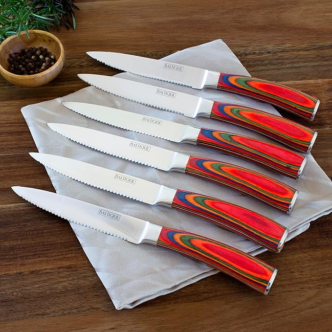Totally Bamboo Baltique Marrakesh Collection Kitchen Steak Knives Set of 6, 5-Inch Stainless Steel Serrated Knife Set with Colorful Wooden Handles for Cutting Meat