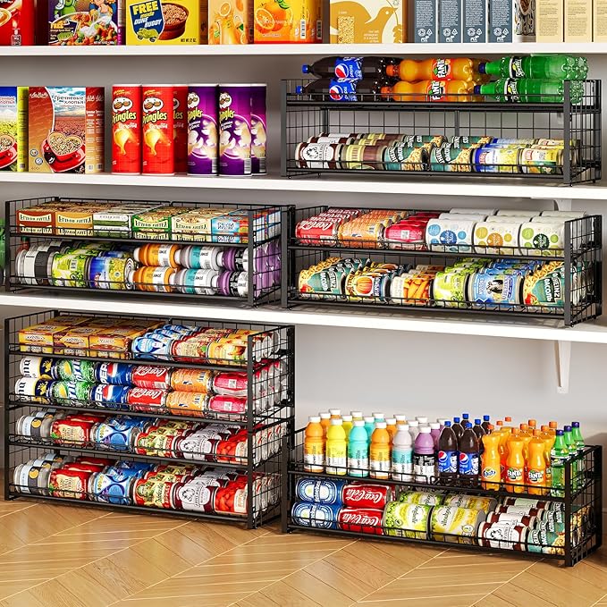 2-Tier Stackable Can Rack Organizer for Pantry Shelf, Adjustable Extra-Long Can Holder for Kitchen Organization Storage, Heavy Duty Can Dispenser for Canned Soup Food Goods Storage up to 64, Black