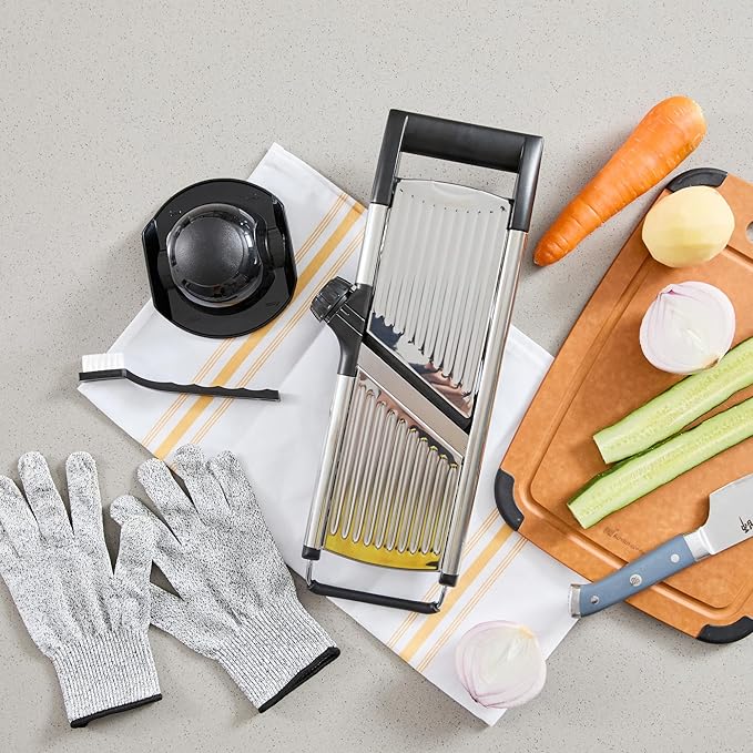 Restaurantware Stainless Steel Adjustable Mandoline Slicer - German Standard Vegetable Slicer with Blade Guard, Cut-Resistant Gloves, Cleaning Brush - Food Slicer for Potato, Onions, Cucumbers, Tomato
