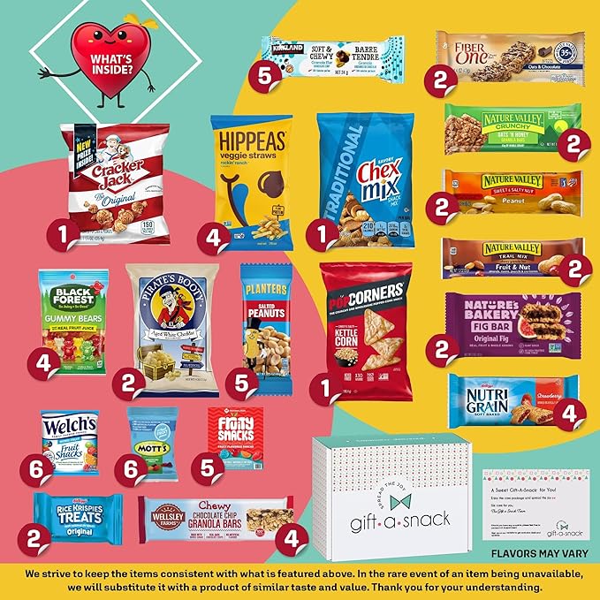 Gift A Snack - Holiday Christmas Stocking Stuffers, Healthy Snack Box Care Package + Greeting Card (60 Count) Xmas Birthday Treats Gift Basket, Nutritious Granola Breakfast Bars