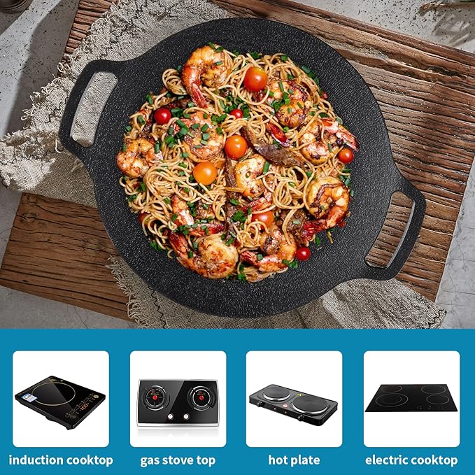 Korean Grill Pan with Nonstick 6-Layer Coating, 13" Round BBQ Griddle with Bag, Compatible for Induction, Gas Stove, Electric Cooktop, Indoor or Outdoor Grilling