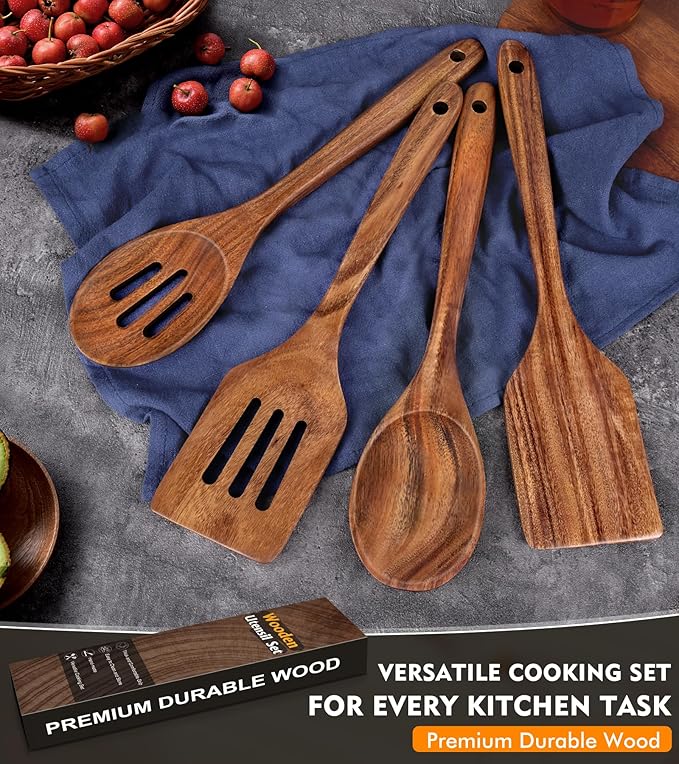 4Pcs Wooden Spatula for Cooking, Acacia Wooden Spatula for Kitchen Use, Nonstick Cookware Safe Utensils Set for Cooking, Mixing, Serving, Draining, Ideal Cooking Utensils Gift