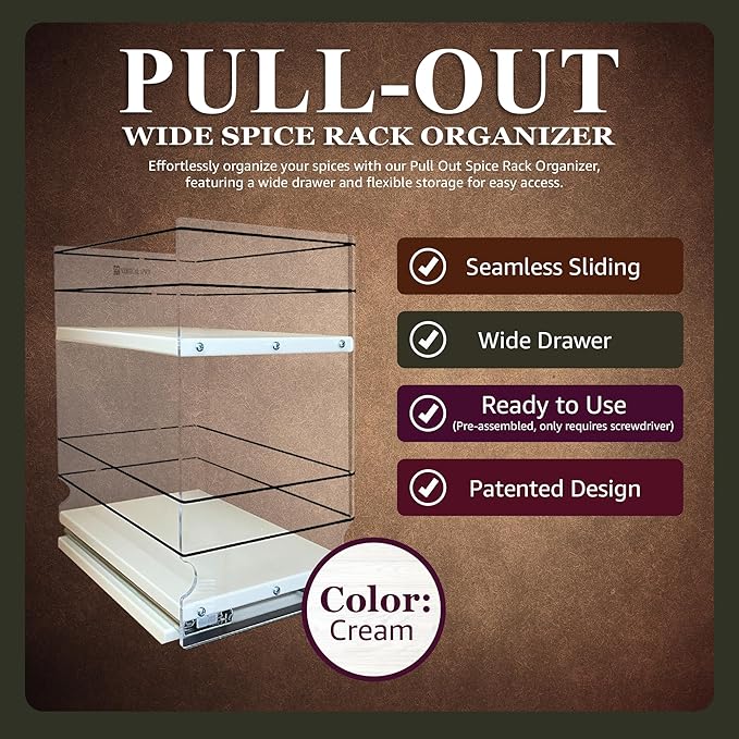 Vertical Spice - Pull Out Cabinet & Pantry Organizer Drawer - Sliding Drawers for Inside Cabinets - 2 Tiers - 6.9" x 12.25" x 10.6" (Cream, Partially Assembled)