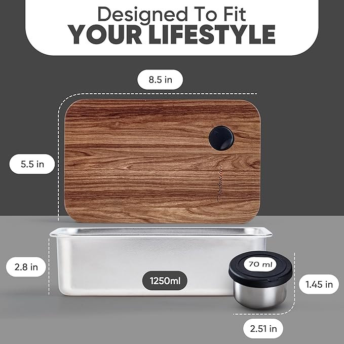 Leak Resistant Stainless Steel Bento Box Adult |Stainless Steel Lunch Box|44Oz| Metal Lunch box | BentoBox|Lunchbox| Lunch Container Adult| Bamboo Lid|Sandwich , salad Food Storage Compartment SIlver