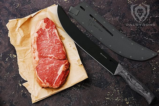 Dalstrong Butcher Knife - 10 inch Delta Wolf Series - Ultra-Thin Zero Friction Blade - HC 9CR18MOV Steel - Black Titanium Nitride Coating - Breaking Knife - G10 Camo Handle - Leather Sheath