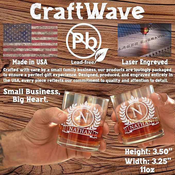 Personalized Whiskey Glass for Men, Custom Engraved Name & Initial Rocks Glasses, 11oz, Barware for Men, Father’s Day Gifts - Set of 2