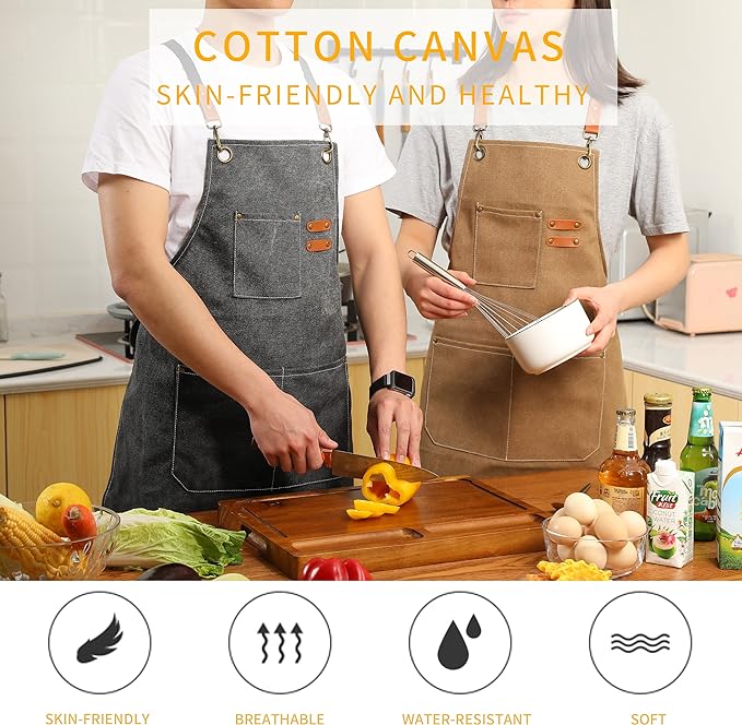 Tosewever Canvas Cross Back Chef Cotton Aprons for Men Women with Large Pockets