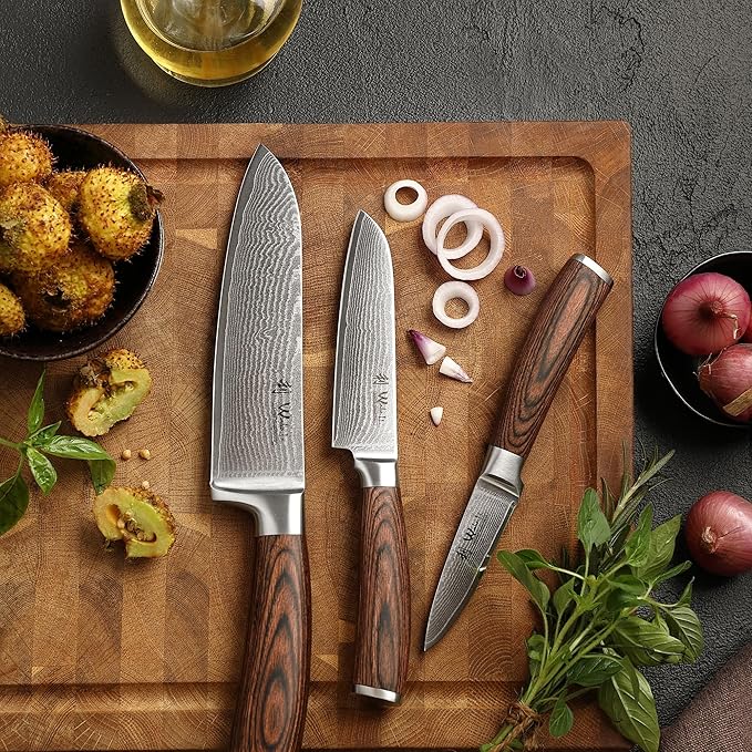 Wakoli EDIB 3-Piece Damascus Knife Block Set with Magnetic Knife Block – Chef Knives Set with 3.4" - 6.7" Blades, 67-Layer Damascus Steel (VG10 Core), Kitchen Knives with Pakkawood Handles