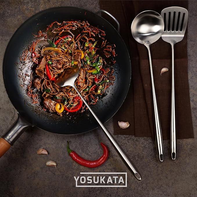 YOSUKATA Blue Round Bottom Wok Pan – 14" Woks and Stir Fry Pans + Wok Lid 13.6 Inch - Premium Stainless Griddle Dome with Tempered Glass + 17" Wok Spatula and Ladle and Turner