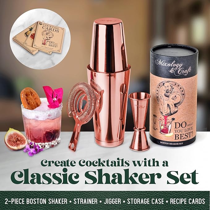 Mixology Cocktail Shaker Boston Shaker Set Professional Weighted Martini Shakers, Strainer and Japanese Jigger, Portable Bar Set for Drink Mixer Bartending, Exclusive Recipes Cards (Copper)