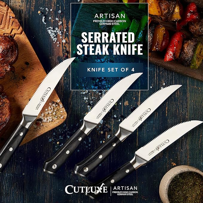 Cutluxe Steak Knives Set of 4, Serrated Steak Knives – Forged High Carbon German Steel, Full Tang, Ergonomic Handle Design – Artisan Series