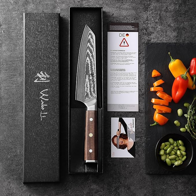 Wakoli HIK Damascus Kiritsuke Knife – Full Tang Chef Knife | 7-Inch Blade Made of 67-Layer Damascus Steel with VG10 Core | Walnut Wood Handle | Sharp, Durable, Gift Box Included