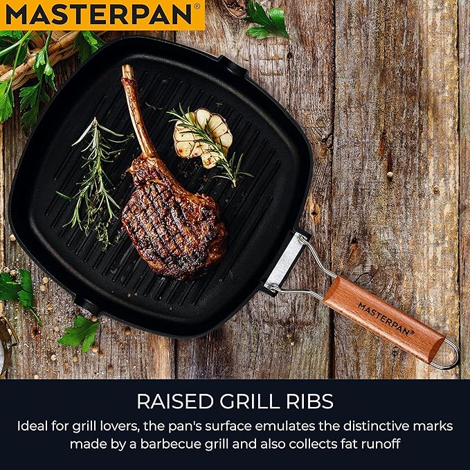 MasterPan Non-Stick Grill Pan with Folding Wooden Handle, 8", Black and Brown