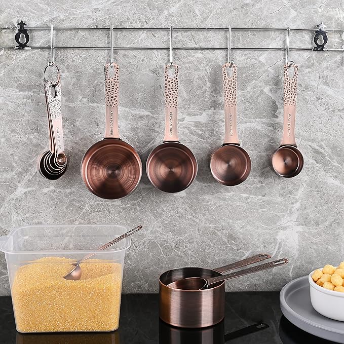Measuring Cups and Spoons Set, Copper Plated Measuring Cups and Spoons Set for Baking & Kitchen, Metric & US Measure Tools with 1/8, 1/4 Cup