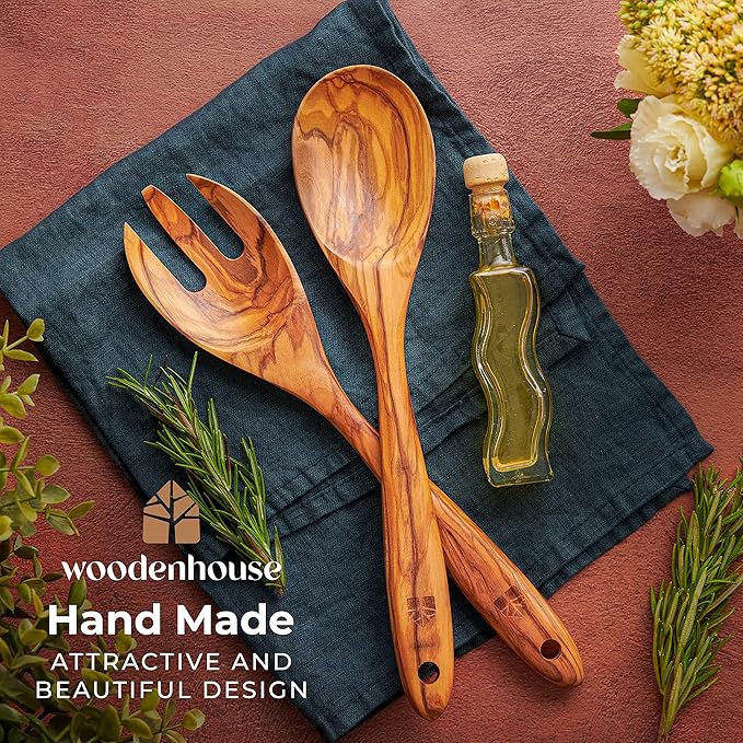 Salad Tongs for Serving, Spoon Salad Utensils Set from Olive Wood, 12 inches Wooden Fork and Spoon for Mixing, Tossing & Cooking