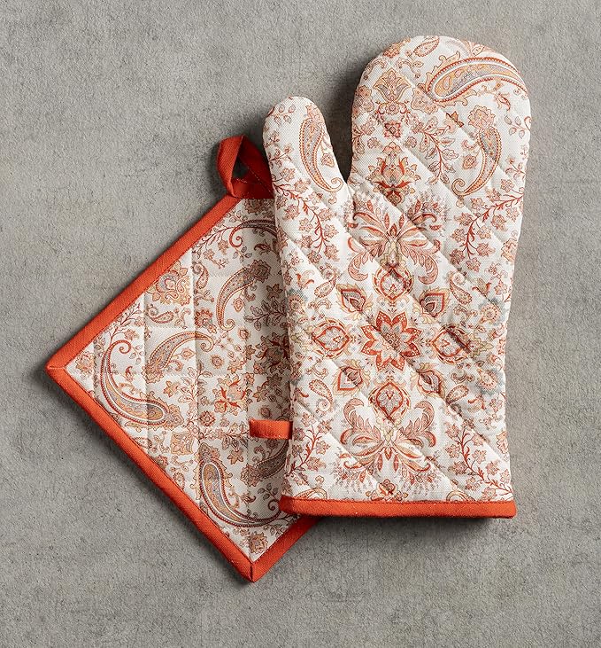 Maison d' Hermine Oven Gloves 100% Cotton Oven Mitt 7" x 13" with Loop Heat Resistant BBQ Cooking Gloves for Thanksgiving Christmas Decorations Baking Handling Hot Pans (Pack of 1, Cachemire)