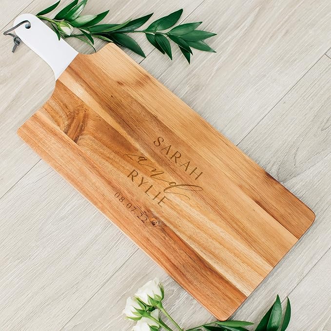 Weddingstar Personalized Wooden Cutting Board or Serving Board with White Handle 7.8" x 21" - Modern Couple Etching