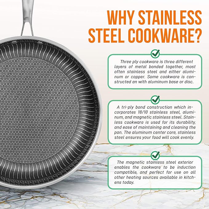 NutriChef 8" Stainless Steel Frying Pan - Triply Kitchenware Stir Fry Pan Kitchen Cookware w/DAKIN Etching Non-Stick Coating, Scratch-resistant Raised-up Honeycomb Fire Textured Pattern - NC3PL8