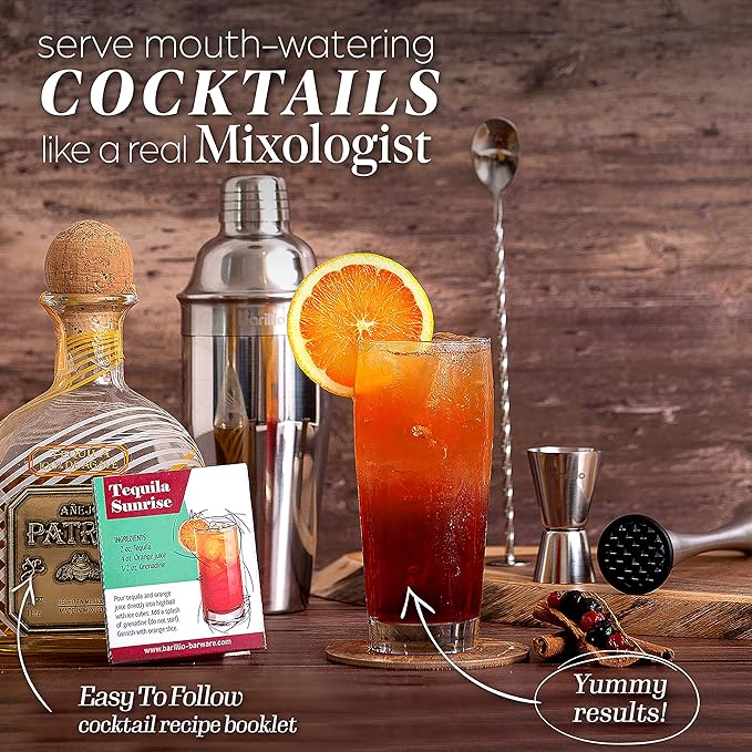 Mixology Bartender Kit Cocktail Shaker Set by Barillio: Drink Mixer Set with Bar Tools, Bamboo Stand Cocktail Mixer Mixing Spoon Mojito Muddler Jigger Liquor Pourers Recipes Booklet