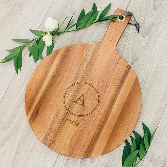Weddingstar Personalized Wooden Round Cutting Board or Serving Board with Handle 12" x 16.5" - Circle Monogram Etching