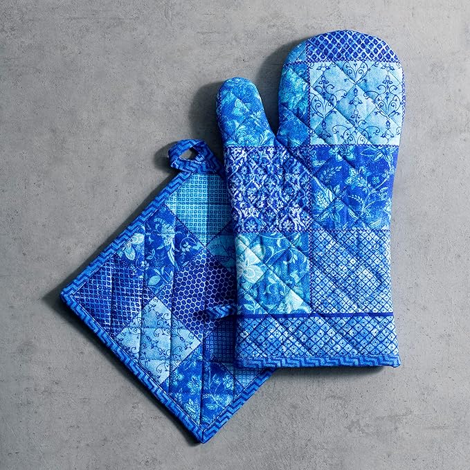 Maison d' Hermine 100% Cotton Oven Mitt & Pot Holder Set (7.5"x13" & 8"x8") Heat Resistant BBQ Cooking Gloves with Loop, Baking, Grilling, Kitchen, Handling Hot Pans Spring/Summer (Indigo Love)