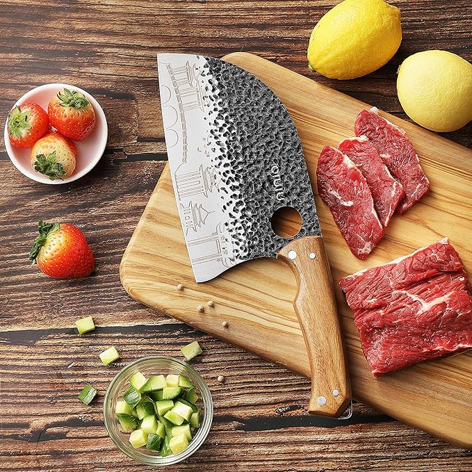 3PCS Butcher Knife Set, 7" Butcher Meat Cleaver, 7" Serbian Chef Knife and 6.5" Viking Knife, Kitchen Knife Set with wood Handle, Great for Indoor & Outdoor (Unique Pattern)