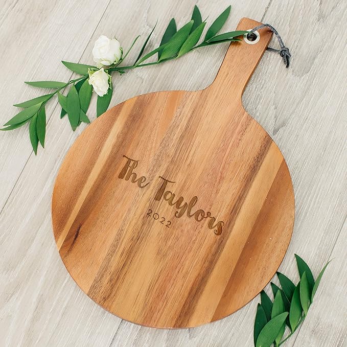 Weddingstar Personalized Wooden Round Cutting Board or Serving Board with Handle 12" x 16.5" - Retro Script Etching