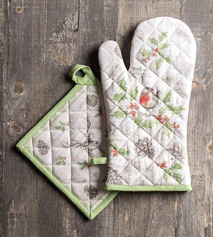 Maison d' Hermine 100% Cotton Oven Mitt & Pot Holder Set (7.5"x13" & 8"x8") Heat Resistant BBQ Cooking Gloves with Loop for Thanksgiving Christmas Decorations Handling Hot Pans (Christmas Dew)