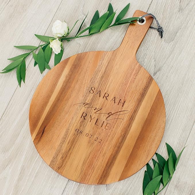 Weddingstar Personalized Wooden Round Cutting Board or Serving Board with Handle 12" x 16.5" - Modern Couple Etching