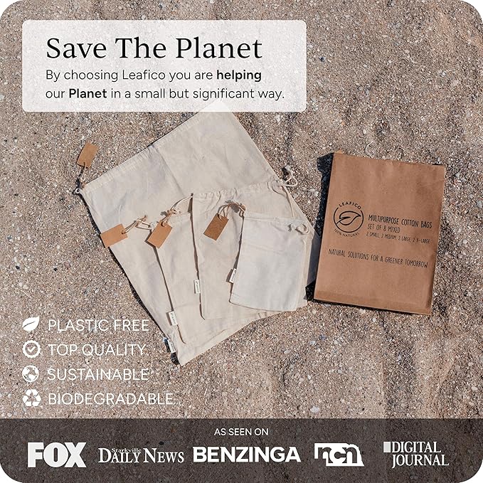 LEAFICO Organic Cotton Reusable Produce Bags - Small 5x7 (12 Pack) - Biodegradable Eco-Friendly Bulk Bin Sacks for Food - Cloth Bags with Drawstrings - Linen Pouch for Fruit, Vegetable Storage