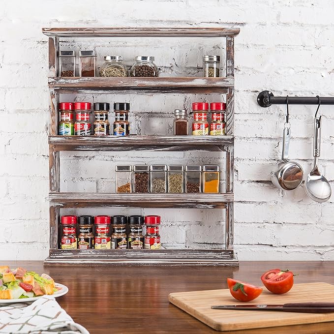 MyGift Wooden Spice Rack Wall Mount, Hanging 4 Tier Seasoning Jar Shelf Pantry Organizer, Vintage Rustic Torched