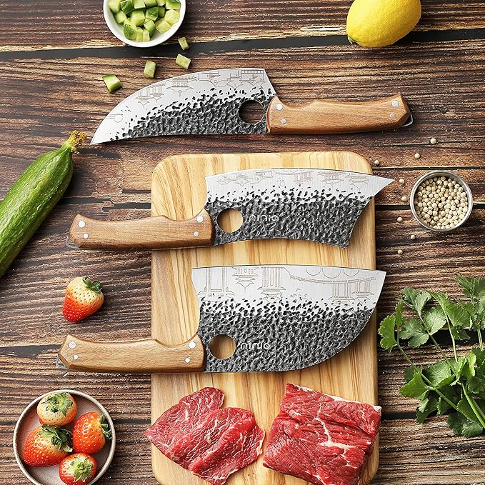 3PCS Butcher Knife Set, 7" Butcher Meat Cleaver, 7" Serbian Chef Knife and 6.5" Viking Knife, Kitchen Knife Set with wood Handle, Great for Indoor & Outdoor (Unique Pattern)