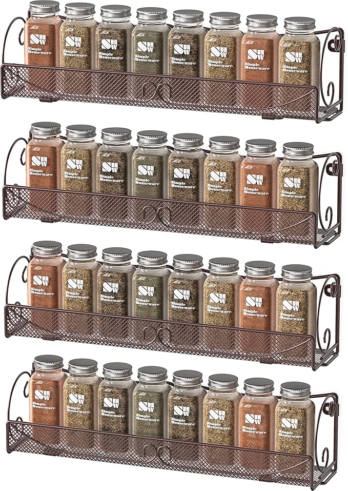 Deco Brothers Wall Mount Single Tier Mesh Spice Rack, 4 Pack, Bronze