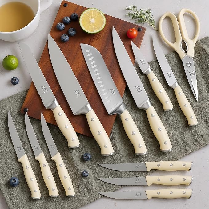Newly Updated Premium Chef Knife Set High Carbon Stainless Steel Sharp Blade Ergonomic Rivets Handle Knife Block Set Hundreds of Years of Masterful Craftsmanship(Ivory,15PCS)
