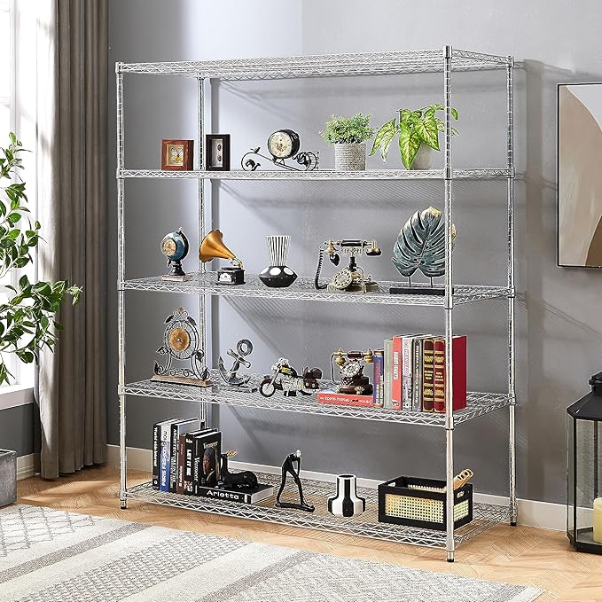 Metal Wire Shelving Unit Storage Shelves, Heavy Duty Metal Storage Shelf with Wheels, Adjustable Commercial Wire Rack for Garage or Kitchen (Silver, 5-Tier, 60"x18"x72")