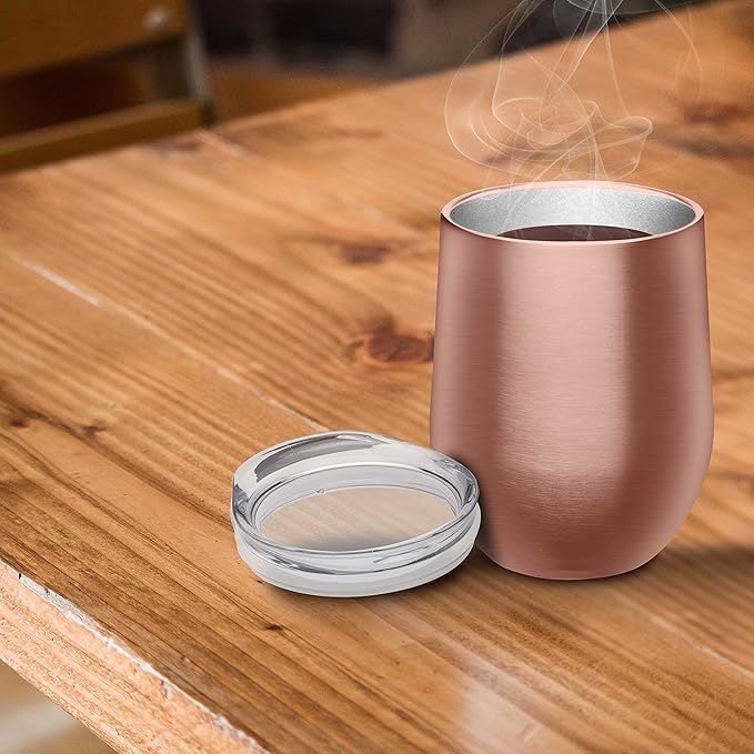 DISCOUNT PROMOS Stemless Wine Glass Tumblers with Lids by Largo 11 oz. Set of 6, Bulk Pack - Perfect for Wine, Cocktails, Other Hot & Cold Beverages - Rose Gold