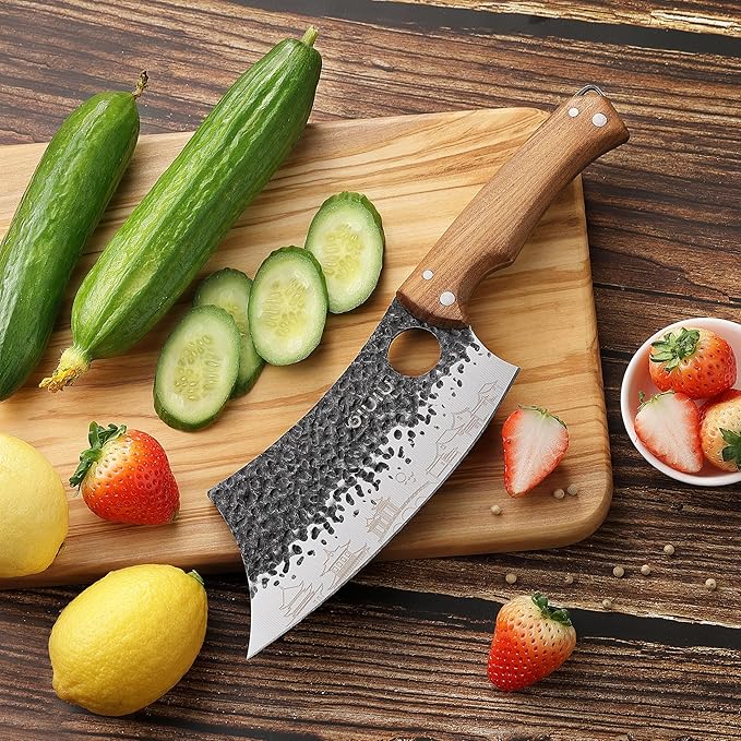 3PCS Butcher Knife Set, 7" Butcher Meat Cleaver, 7" Serbian Chef Knife and 6.5" Viking Knife, Kitchen Knife Set with wood Handle, Great for Indoor & Outdoor (Unique Pattern)